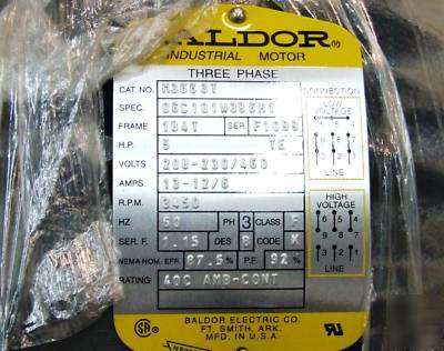 New baldor motor 5.0 hp, 3 phase,3450 rpm, model M3663T 