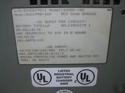 Prestolite batterymate single ph 36V industrial charger